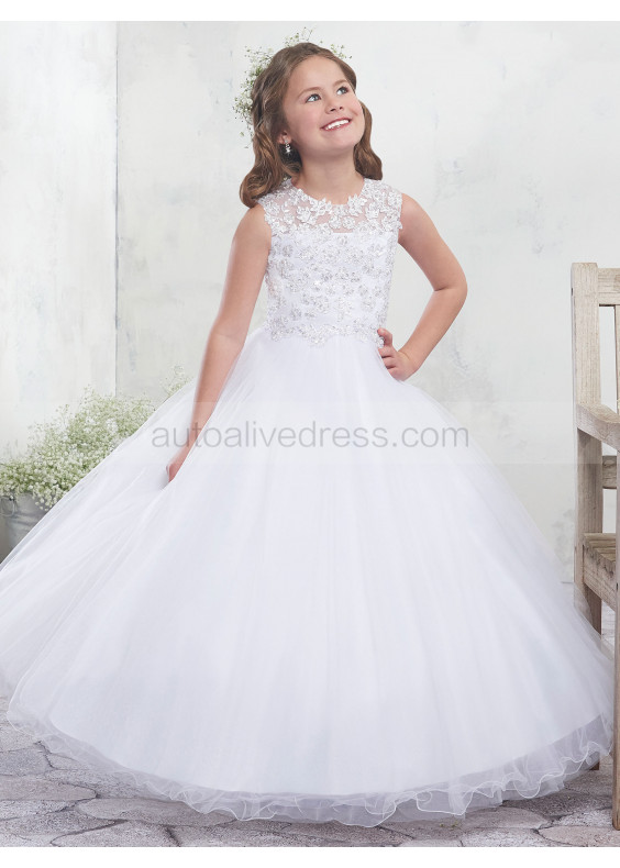 Beaded White Lace Tulle Keyhole Back Ankle Length Flower Girl Dress